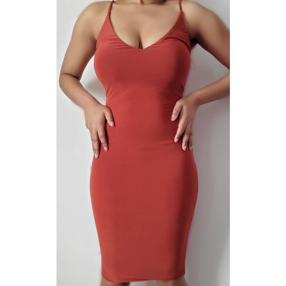 Fitted Midi Dress, Size S, Rust colour